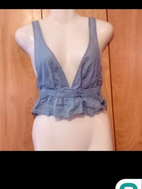 aerie Light Blue Denim Ruffle Hem Crop Top